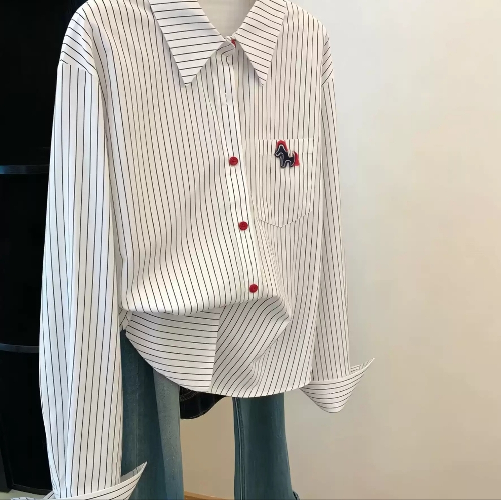 White Stripe Red Button Horse Embroidered Shirt